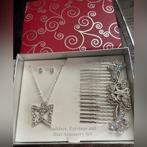 K & M" jewelry butterfly hair clip  & necklace matching stud earrings